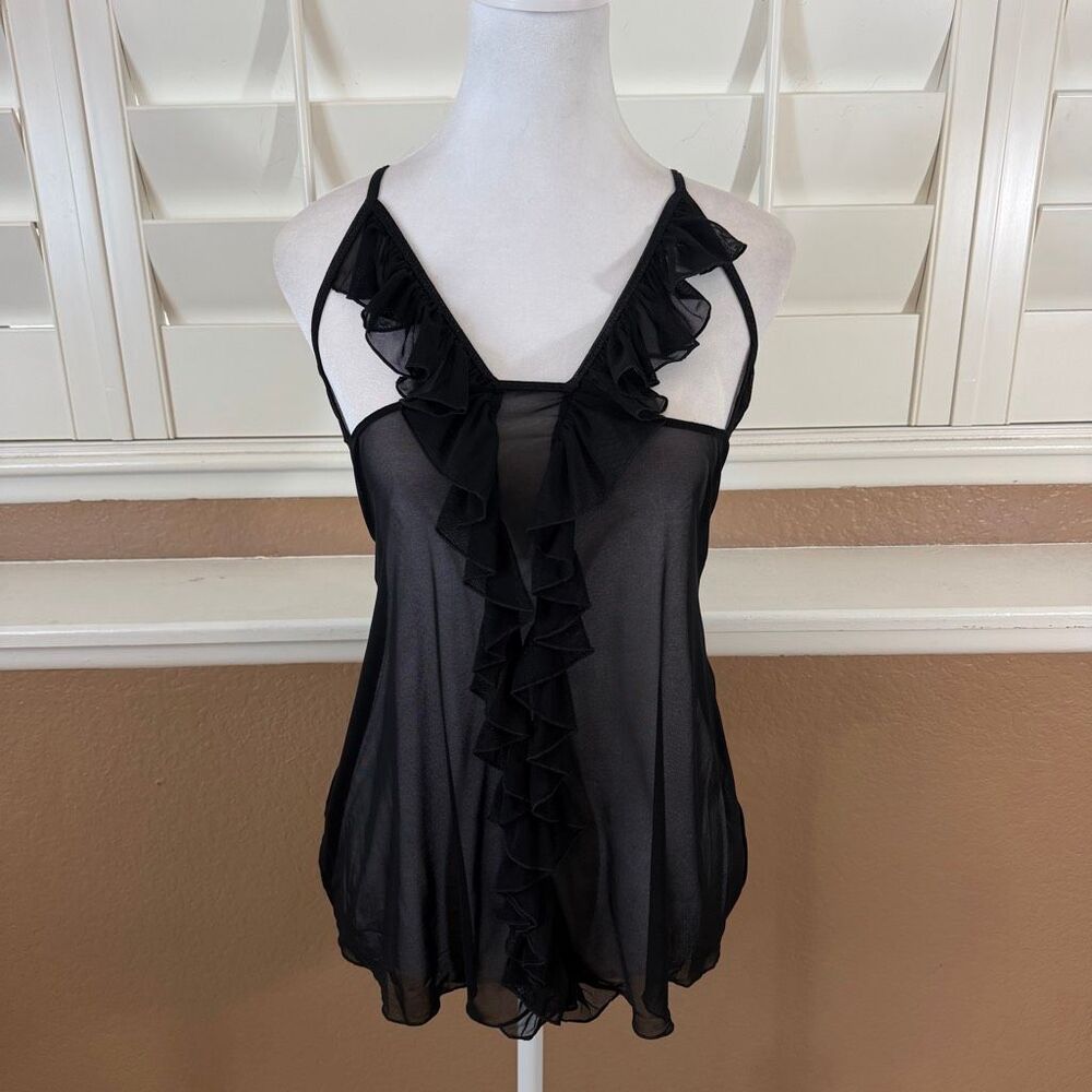 Vintage Black Sheer Mesh Ruffle V Neck Babydoll Top Whimsigoth Vampy Coquette S